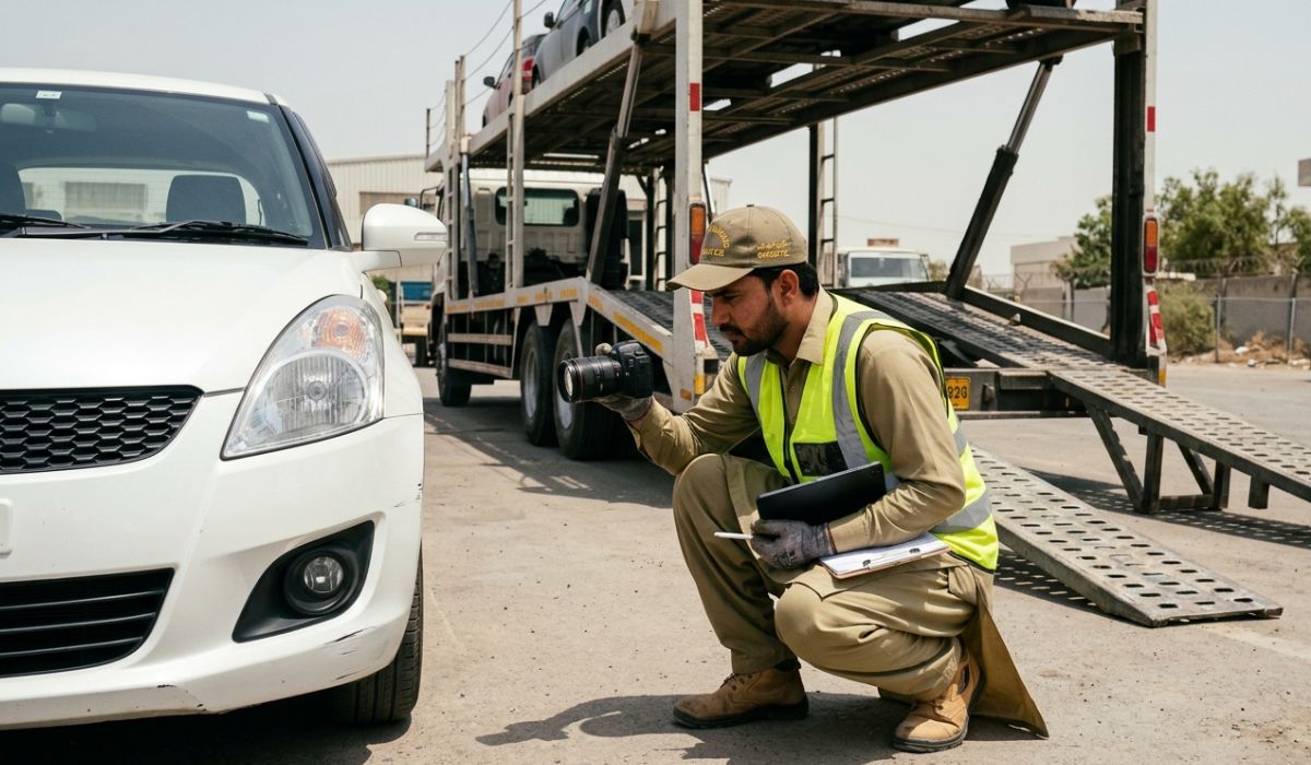Car owner preparing vehicle for Alabama to Colorado auto transport by taking photos and checking tire pressure before SpeedComd pickup