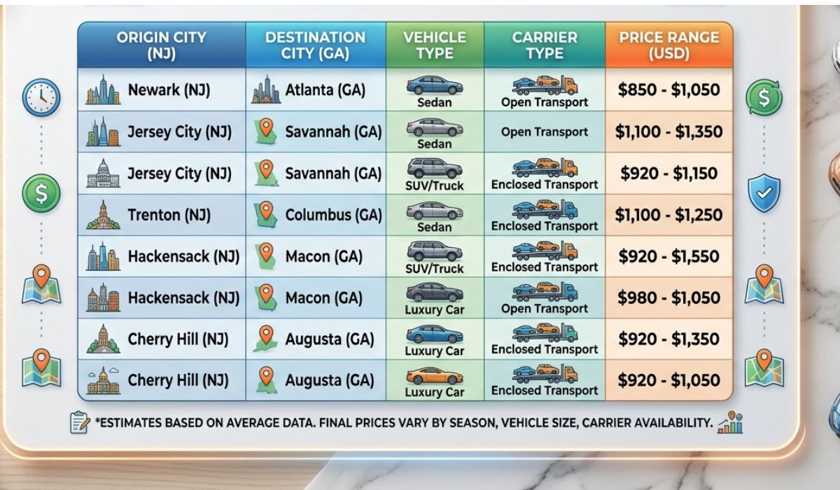 Car shipping cost comparison chart showing distance and pricing factors