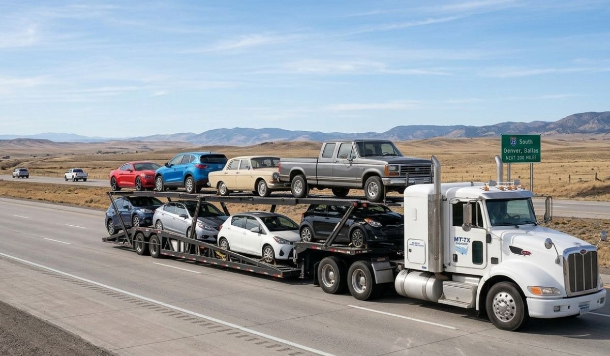 Car shipping Florida to North Dakota showing open carrier truck loaded with SUVs and sedans for long distance transport