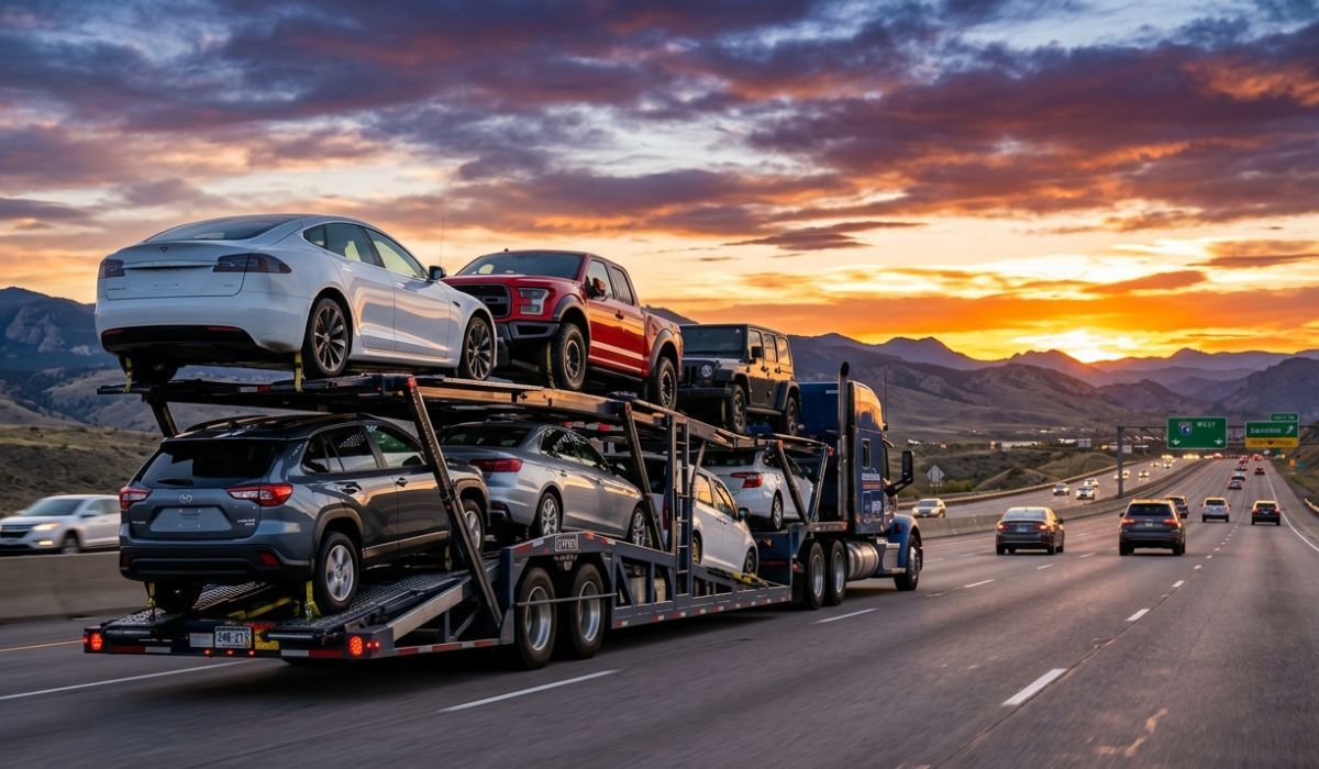 Car shipping from Louisiana to Tennessee highway route with open auto transport carrier carrying multiple vehicles