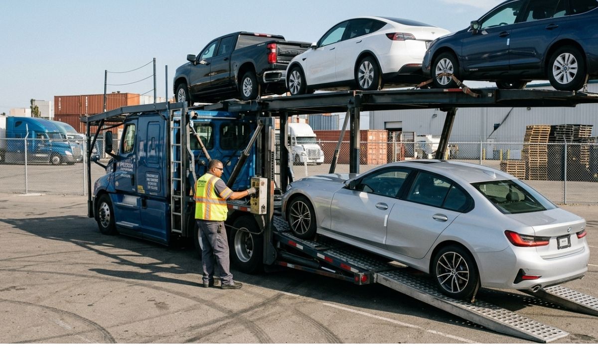 Car shipping from New Jersey to Ohio loading process with vehicles secured on open carrier transport truck