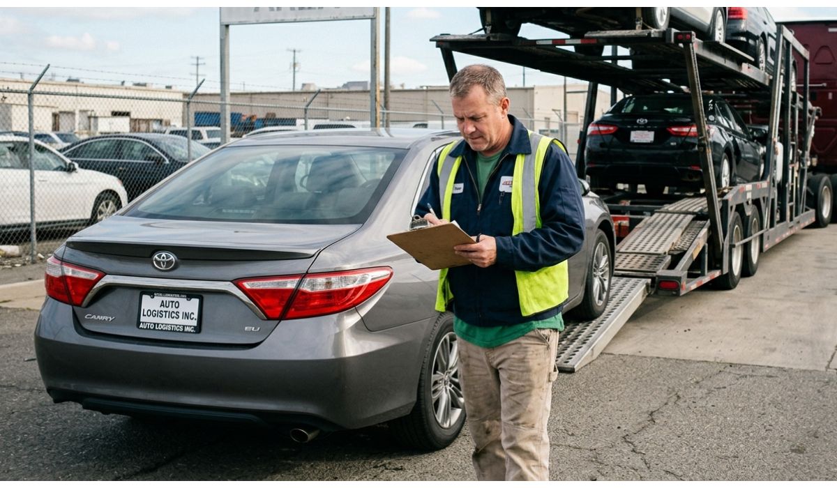 Car shipping from North Carolina to California loading process showing vehicle being picked up for cross country transport