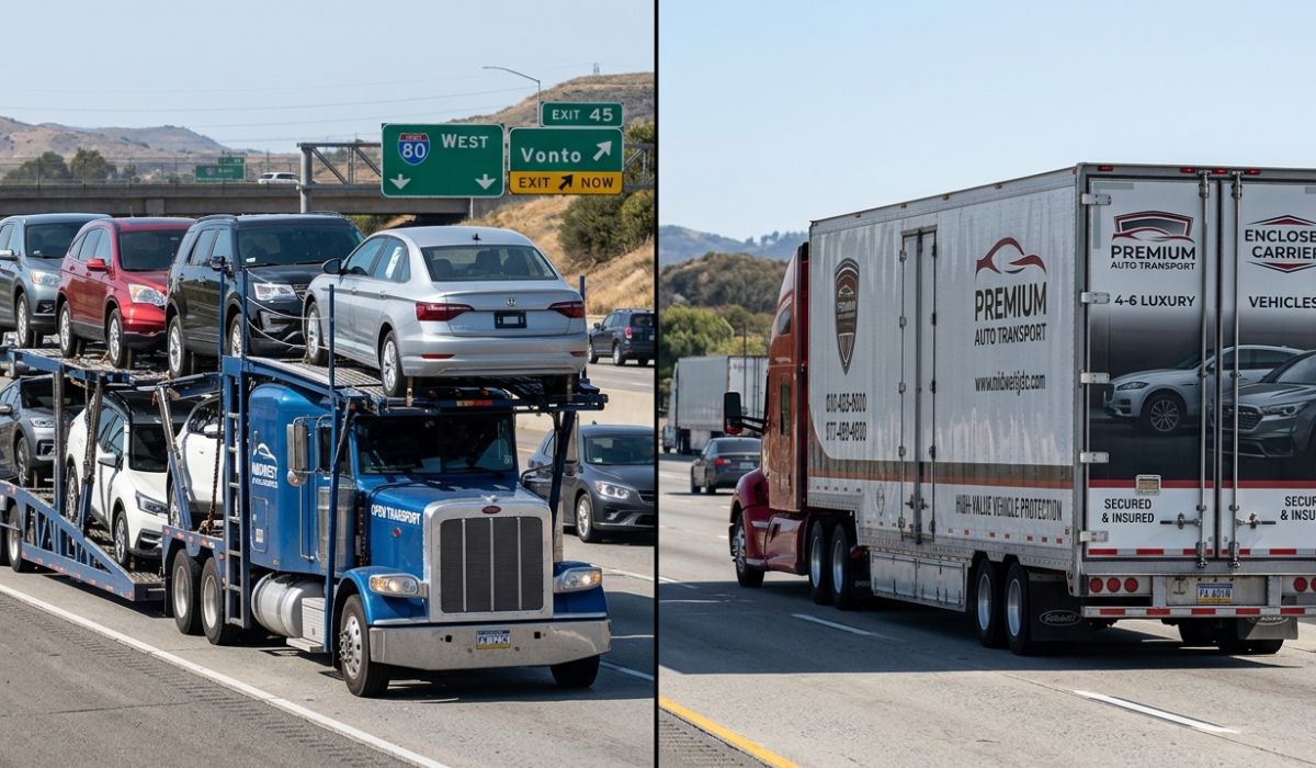 Comparison of open and enclosed Washington car shipping trailers showing standard carrier and covered luxury vehicle transport options