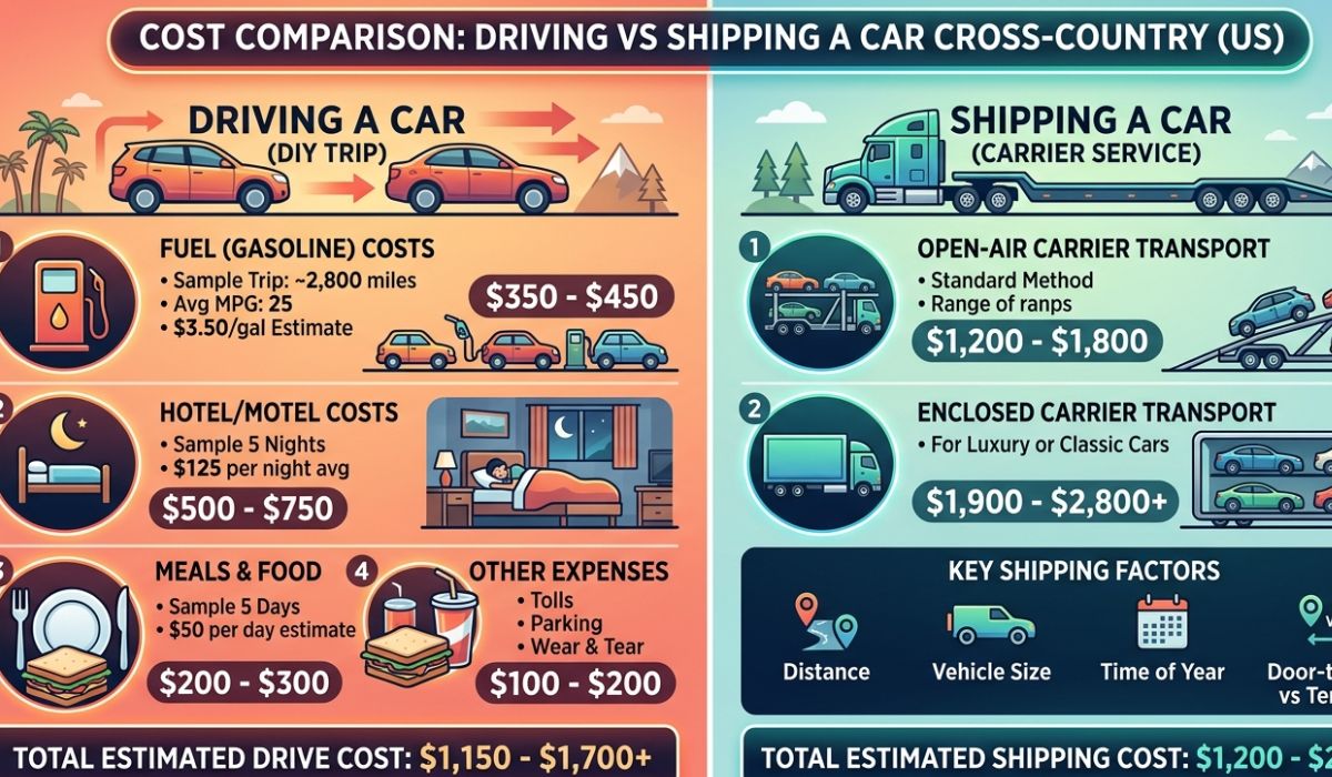 Cost comparison of driving vs Vermont to California car shipping showing savings and transport benefits.