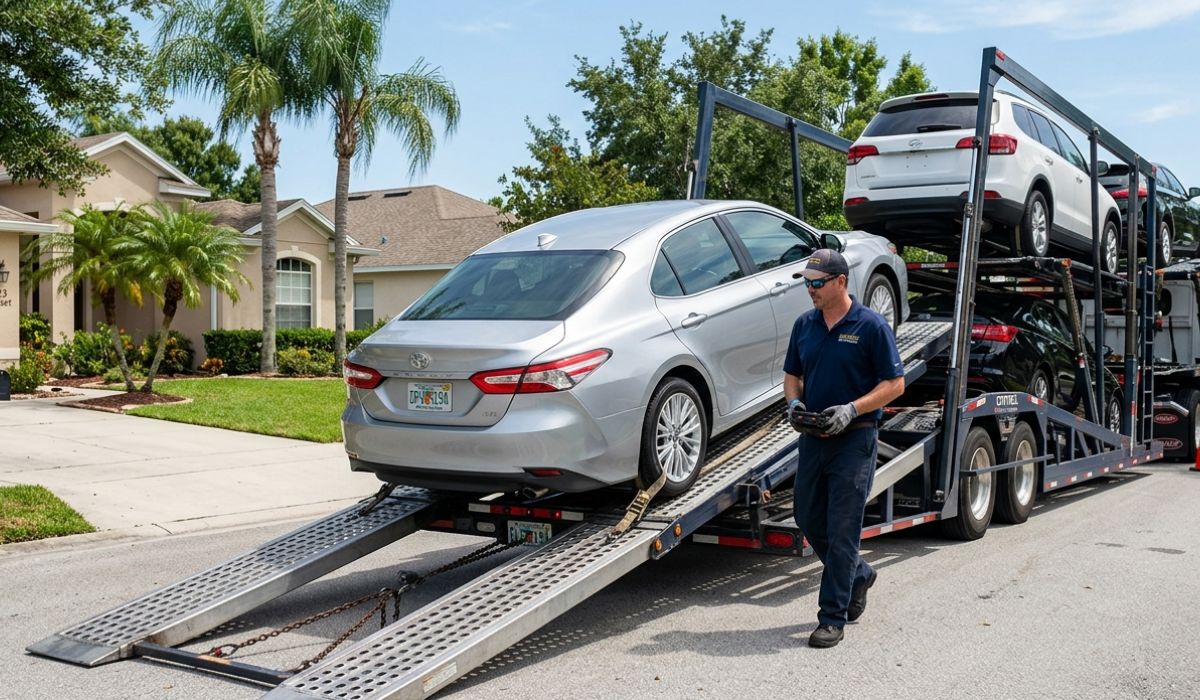 Door to door car transport USA showing vehicle delivery at residential home in California after cross country shipping