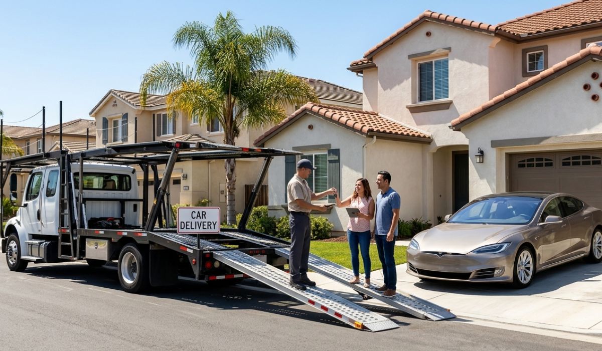 Door to door Florida to North Dakota auto transport service with professional driver loading vehicle onto trailer