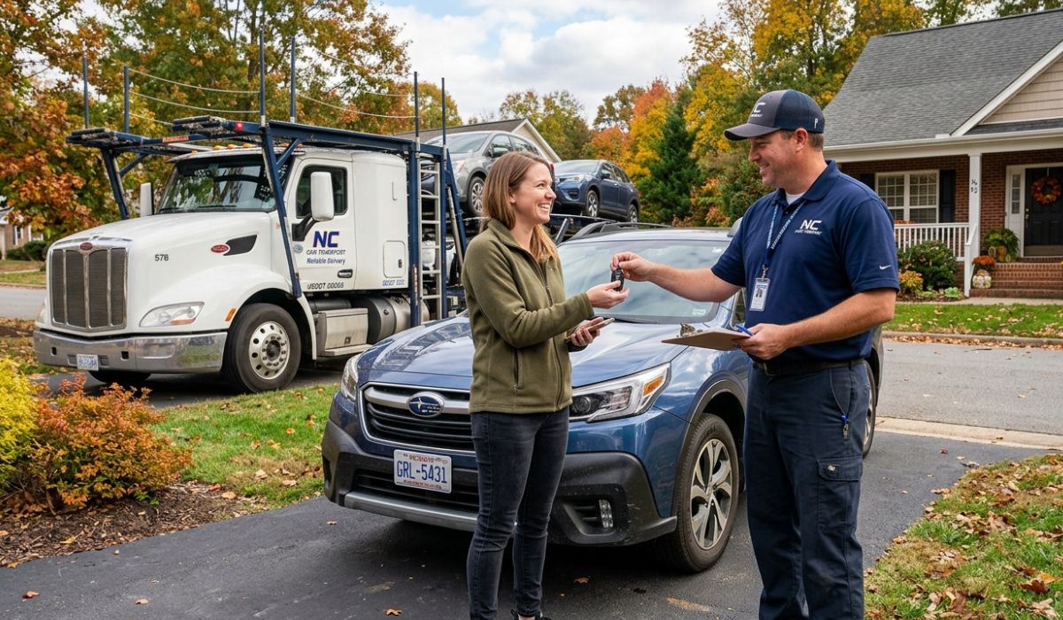 Door-to-door Louisiana vehicle shipping service with professional auto carrier picking up car from home location