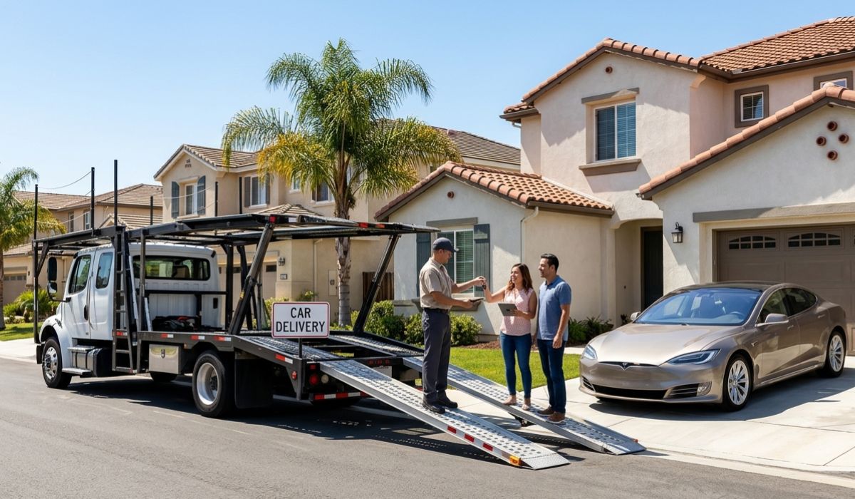 Door to door Utah car shipping service with driver delivering vehicle safely at customer home using professional auto transport carrier