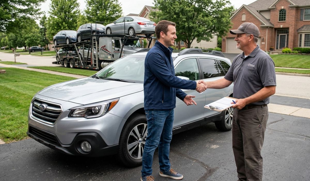 Door to door Washington auto transport service where carrier delivers car directly to customer home with safe vehicle unloading