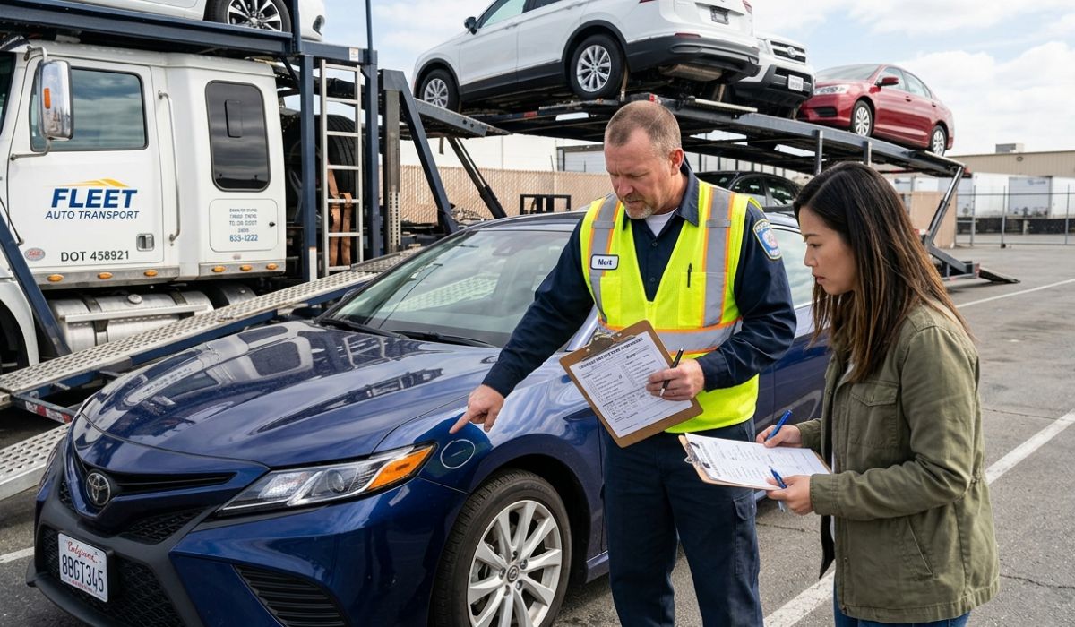 Driver completing vehicle inspection report before vehicle transport Florida to New York shipment pickup