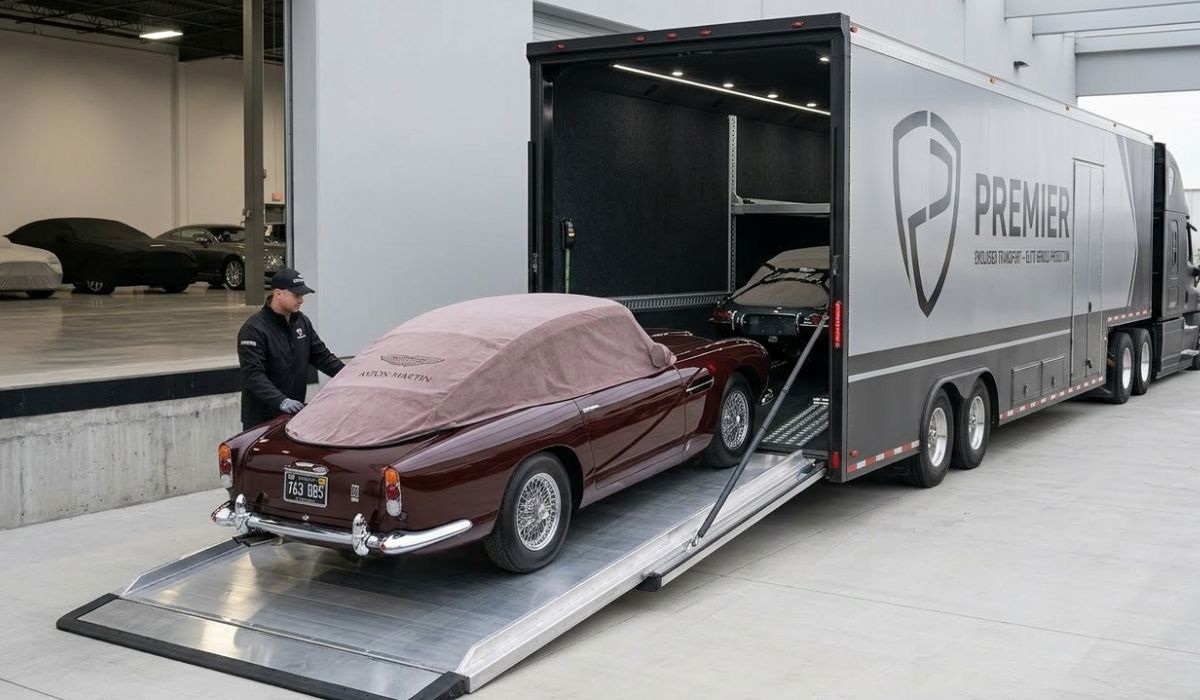 Enclosed auto transport trailer shipping luxury vehicle from Illinois to Texas