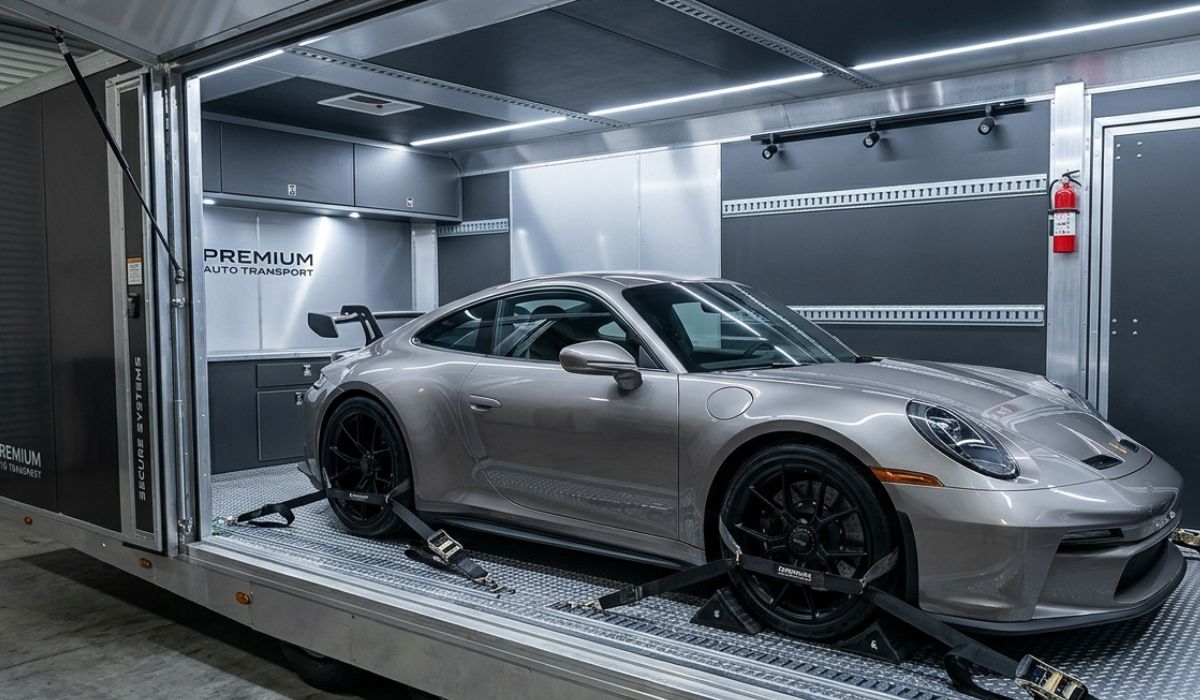 Enclosed car shipping Pennsylvania to Illinois showing luxury vehicle protection during long distance transport.