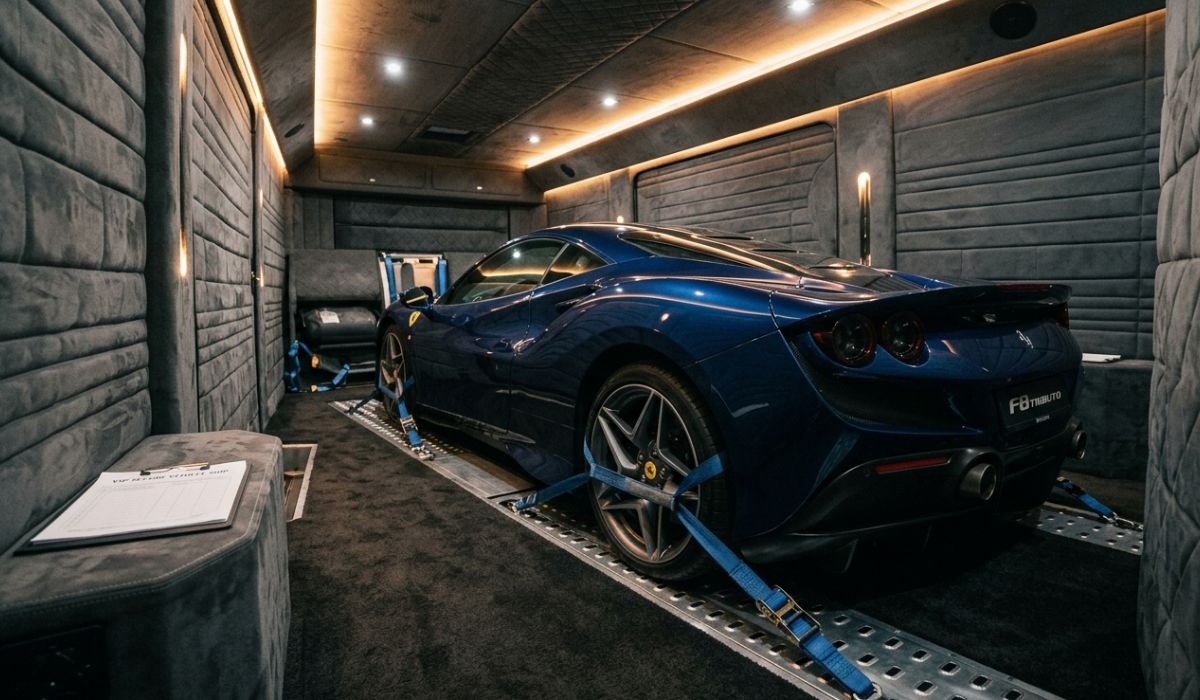 Enclosed car shipping trailer carrying luxury vehicles safely to Virginia