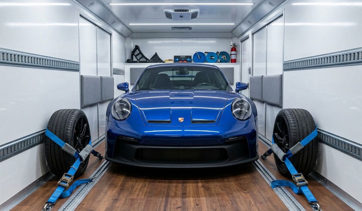 Enclosed car shipping trailer protecting luxury vehicle during Utah auto transport for safe long distance interstate delivery with SpeedComd