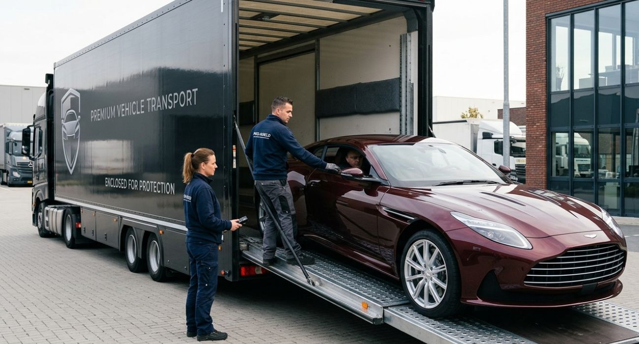 Enclosed trailer used for safe luxury car transport in Daytona Beach