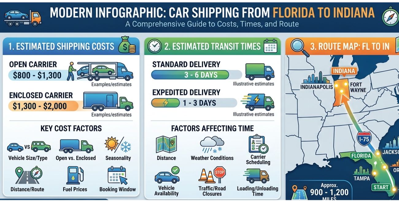 Florida to Indiana car shipping pricing infographic