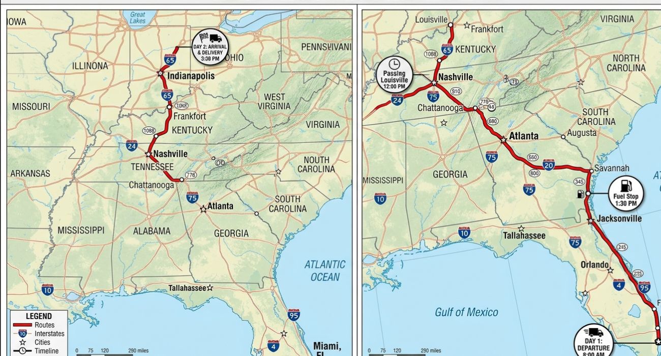 Florida to Indiana vehicle shipping route map