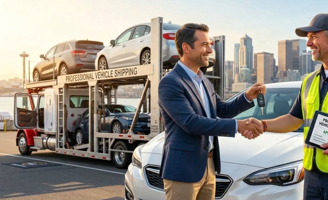 Michigan to New York auto transport truck moving across highway with cars loaded safely