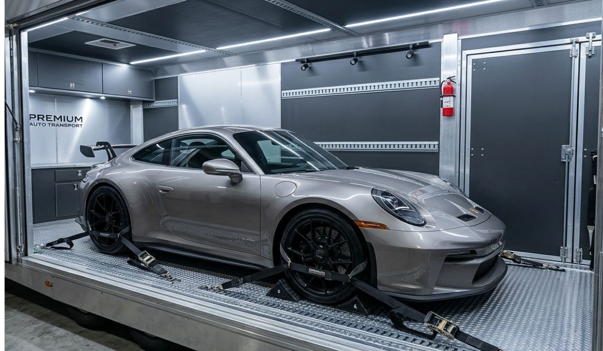 Luxury car secured inside enclosed trailer for enclosed car shipping Florida to New York with full protection