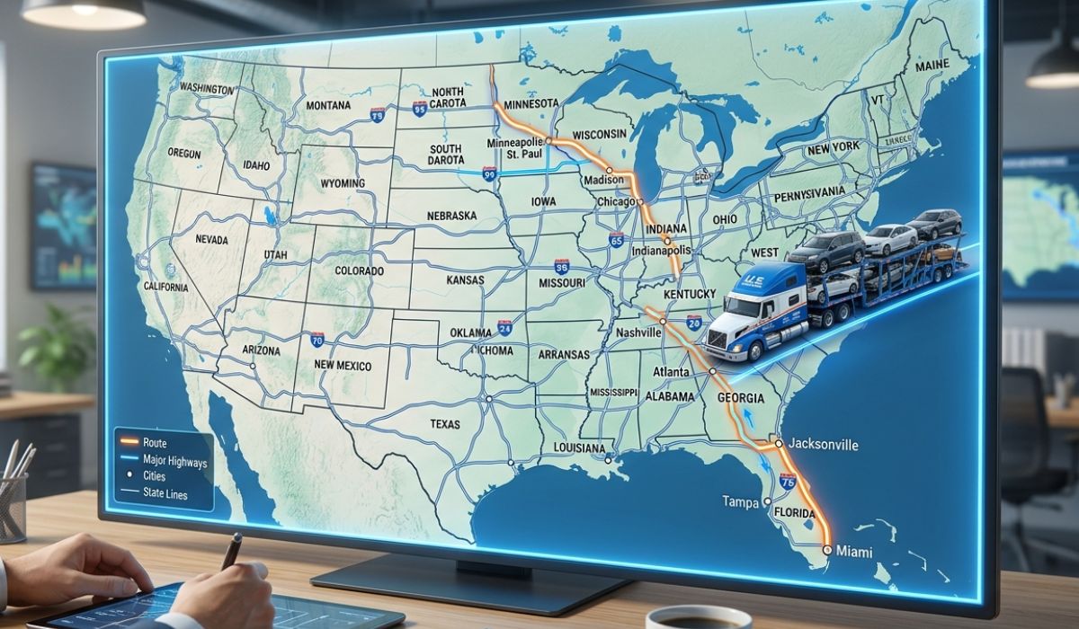 Map showing car shipping route from Houston Texas to Los Angeles California across interstate highways