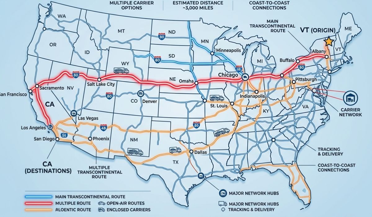 Map showing popular car shipping pickup cities in Alabama like Birmingham and Huntsville and delivery cities in Colorado like Denver and Colorado Springs