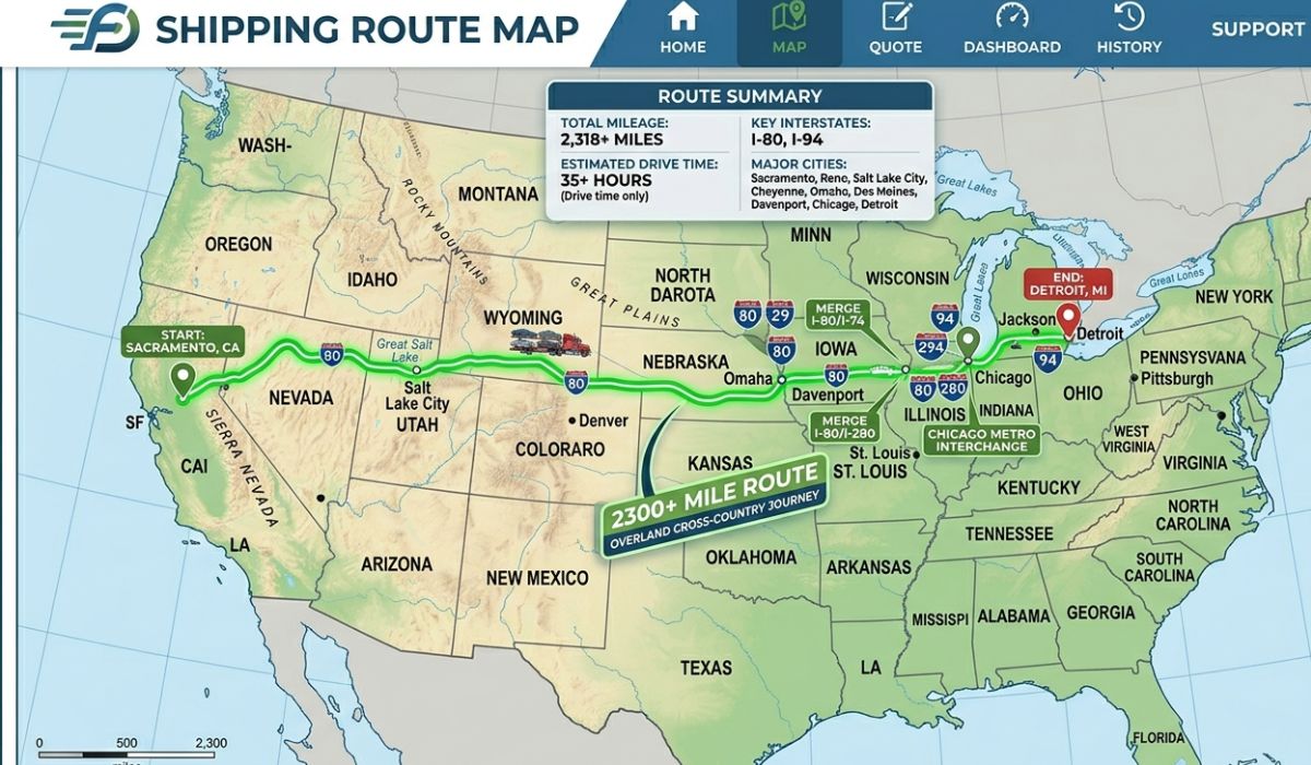 map showing route for auto transport New York to Tennessee with distance markers