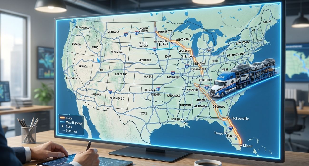 Map showing vehicle transport routes from Daytona Beach to major US cities