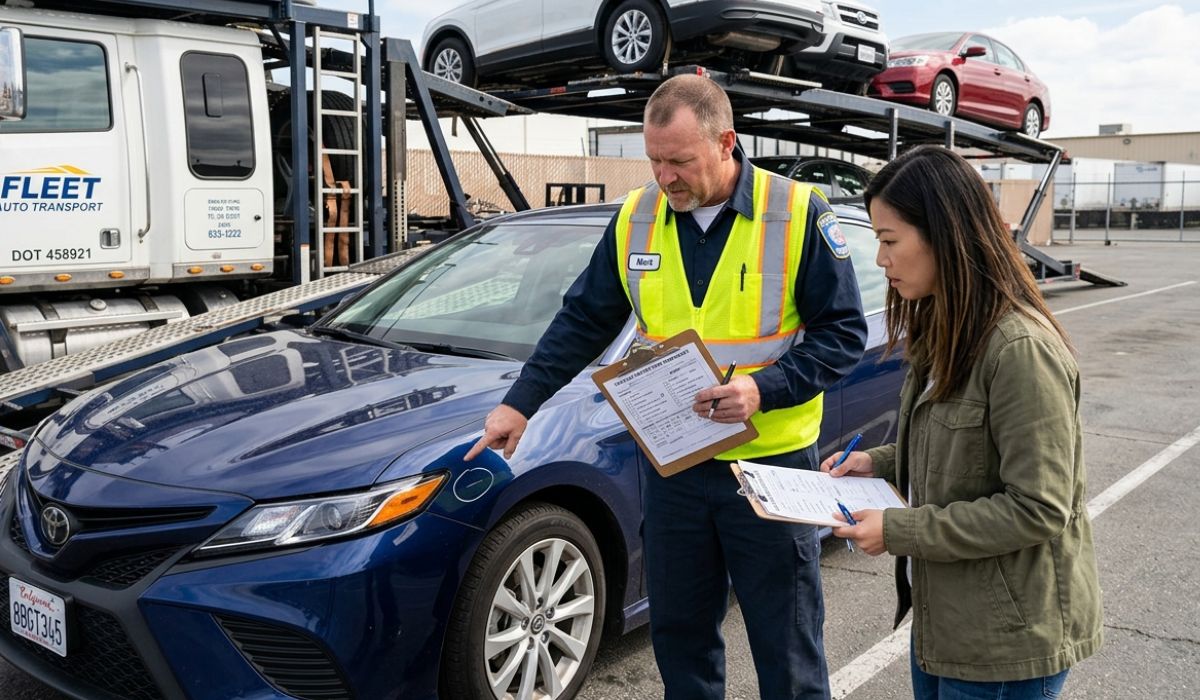 Minnesota car shipping process with professional drivers performing vehicle inspection before door-to-door auto transport pickup