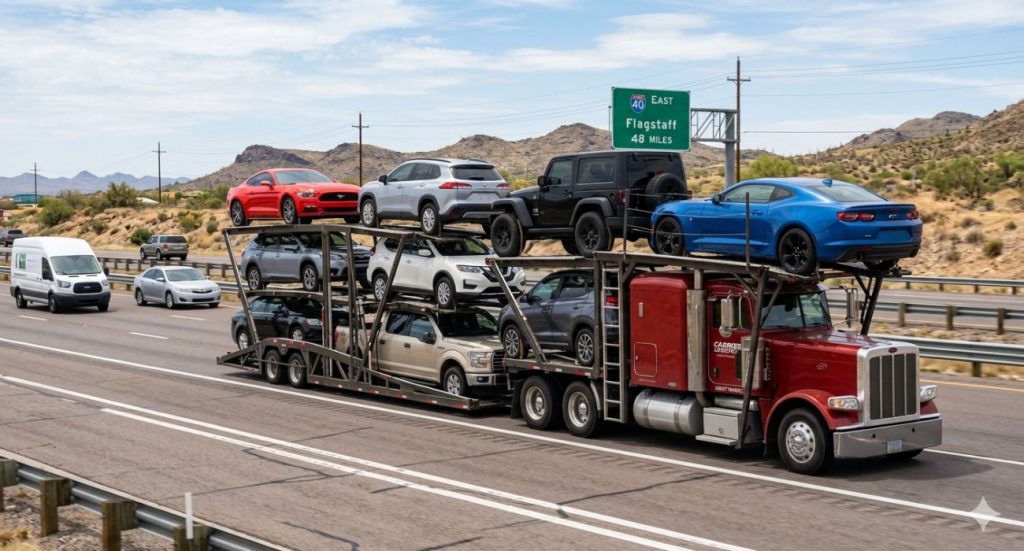 Michigan to New York auto transport truck moving across highway with cars loaded safely