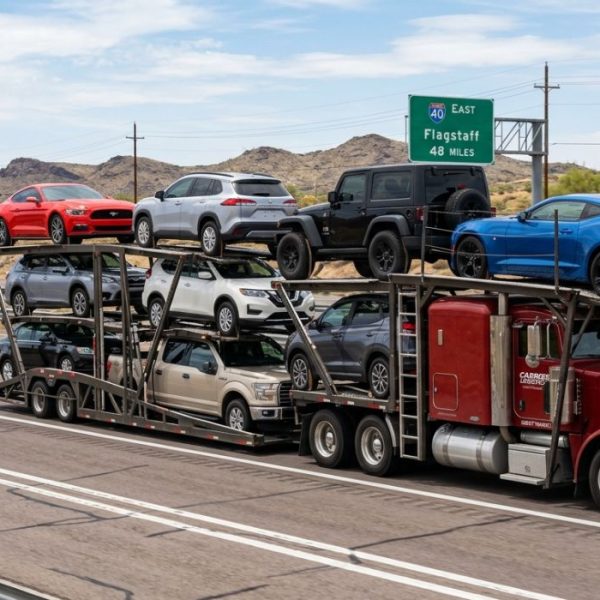 Michigan to New York auto transport truck moving across highway with cars loaded safely