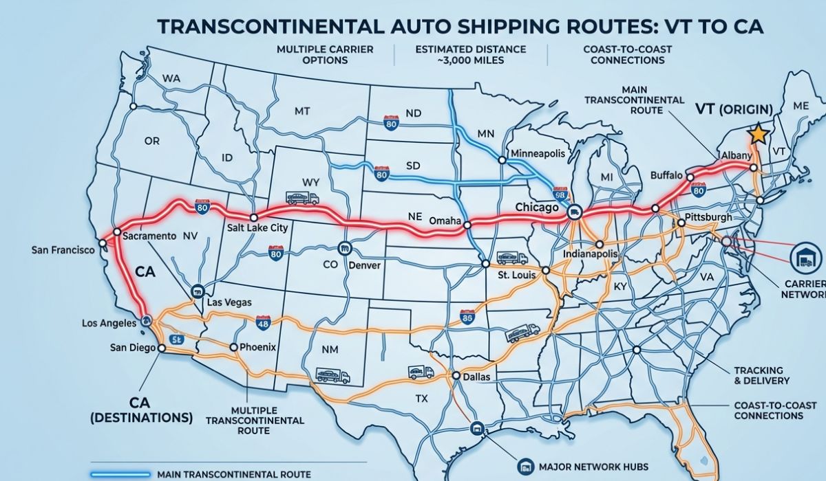 Nationwide auto transport carrier network map for Vermont to California car shipping routes across USA.