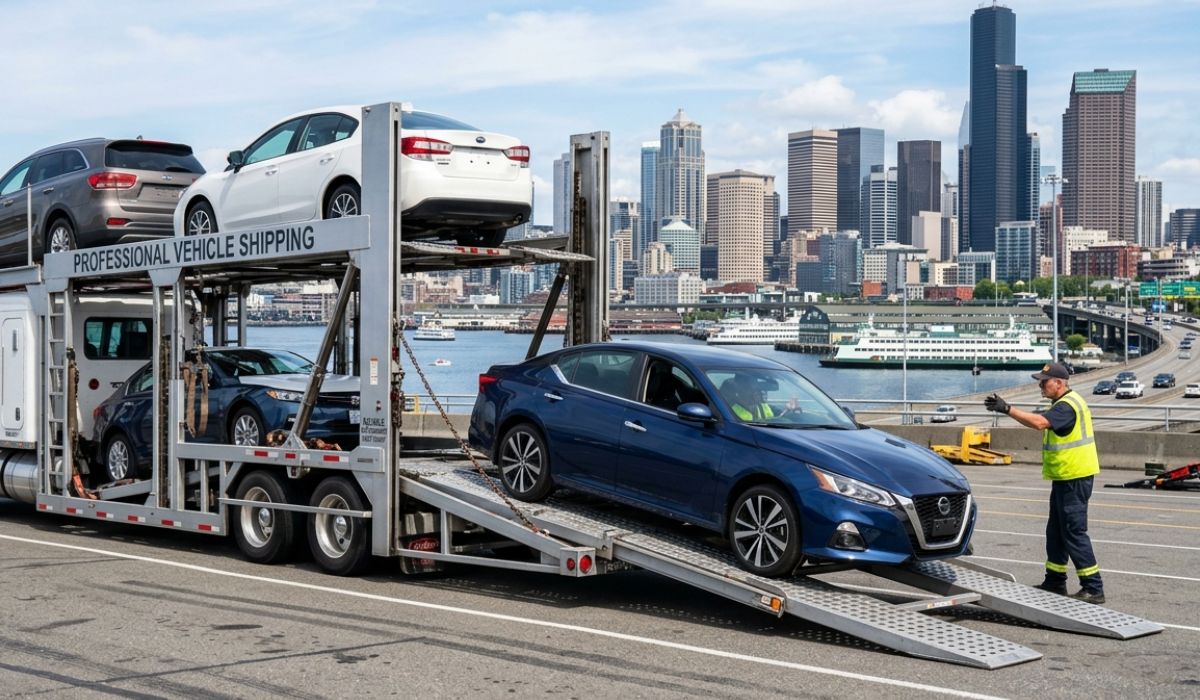 North Dakota vehicle delivery showing car unloading safely from auto transport truck after Florida to North Dakota shipment