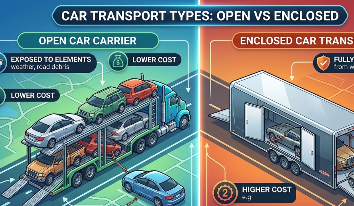 Open and enclosed auto transport trailers used for Alabama vehicle shipping and nationwide car delivery services