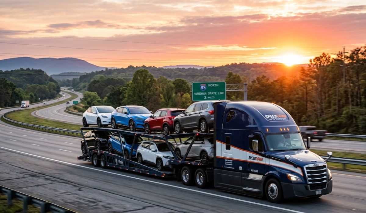 Open auto transport truck carrying cars on interstate highways from Pennsylvania to Illinois route.