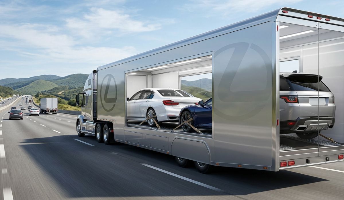 Open auto transport truck carrying vehicles for Georgia to California car shipping on interstate highway