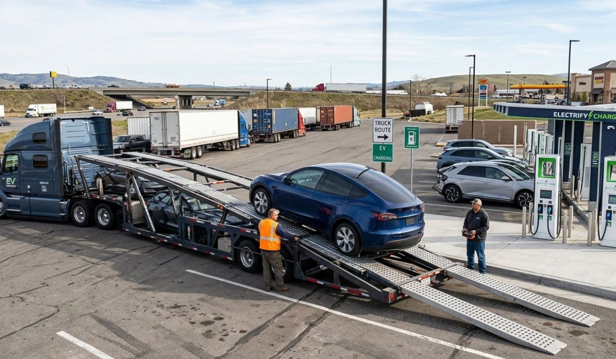 Open car carrier transport on interstate highway representing auto transport North Carolina to California service