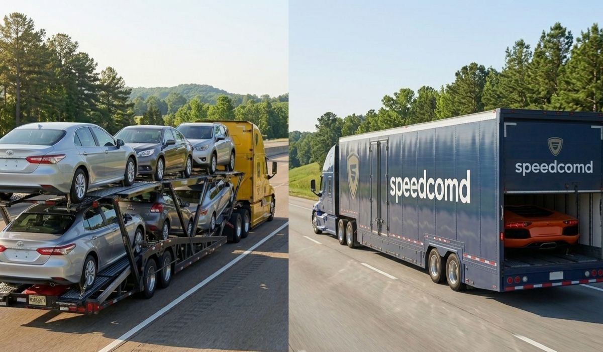 Open car carrier vs enclosed auto transport truck comparison showing vehicle protection levels during shipping