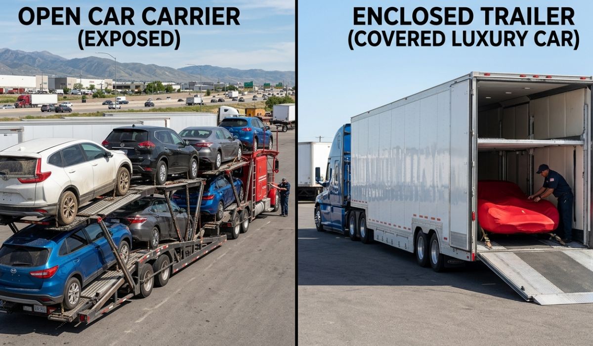 Open carrier and enclosed trailer transporting cars for interstate shipping USA Texas to California