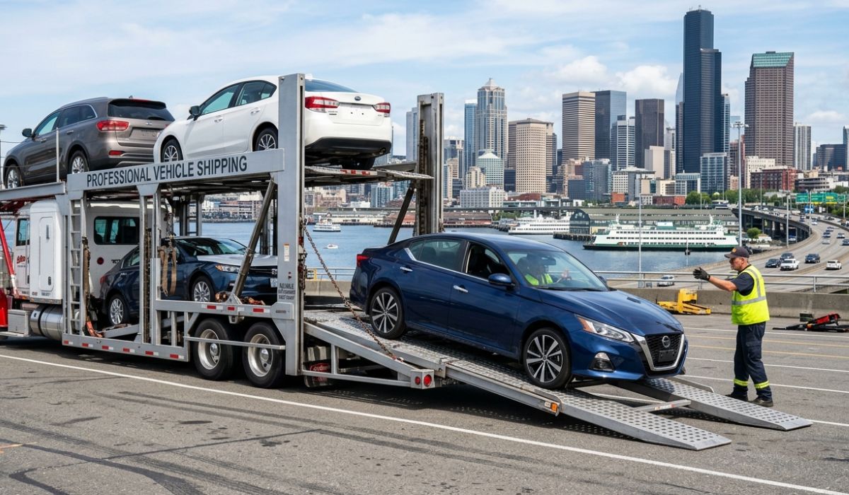 Open carrier truck delivering cars from Illinois to Texas on interstate highway