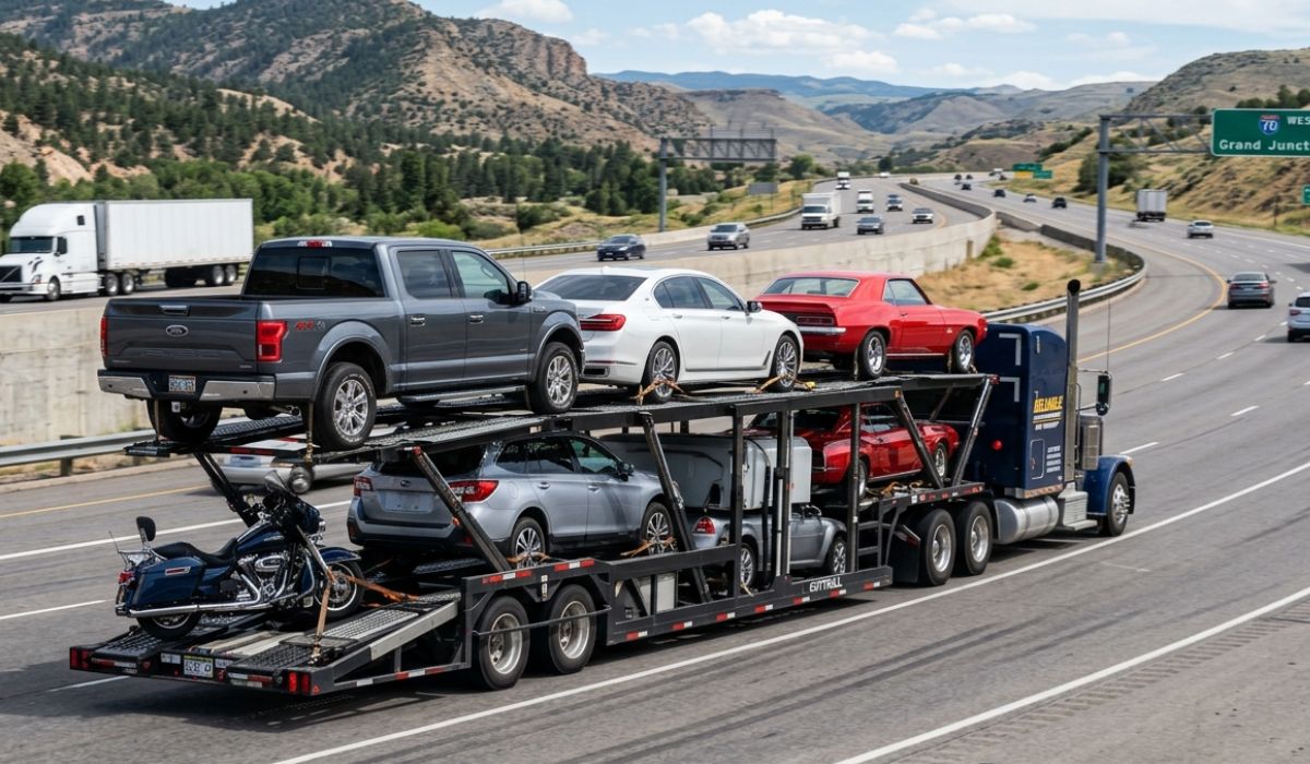 Open carrier truck transporting multiple cars for Florida to New York auto transport on interstate highway