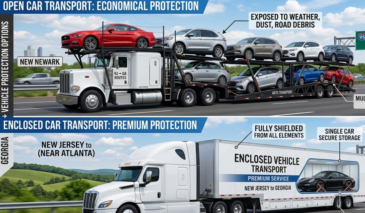 Open carrier vs enclosed car transport New Jersey to Ohio showing two different vehicle shipping methods side by side