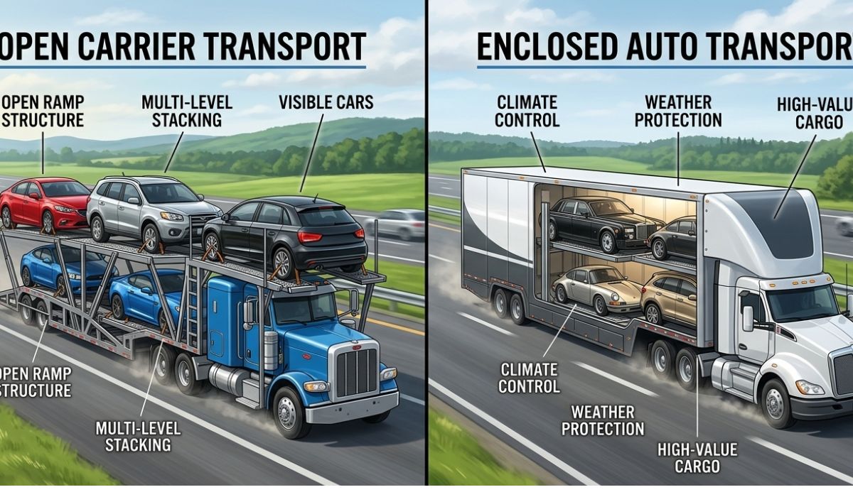 open vs enclosed transport comparison showing two types of car carriers
