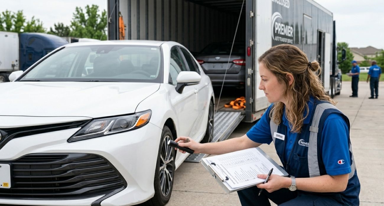 Person inspecting car condition before auto transport pickup