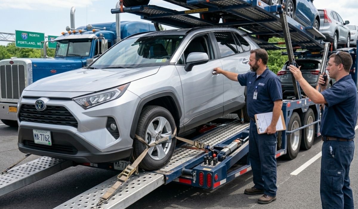 Professional driver loading car onto transport truck for safe Tennessee auto transport and interstate delivery