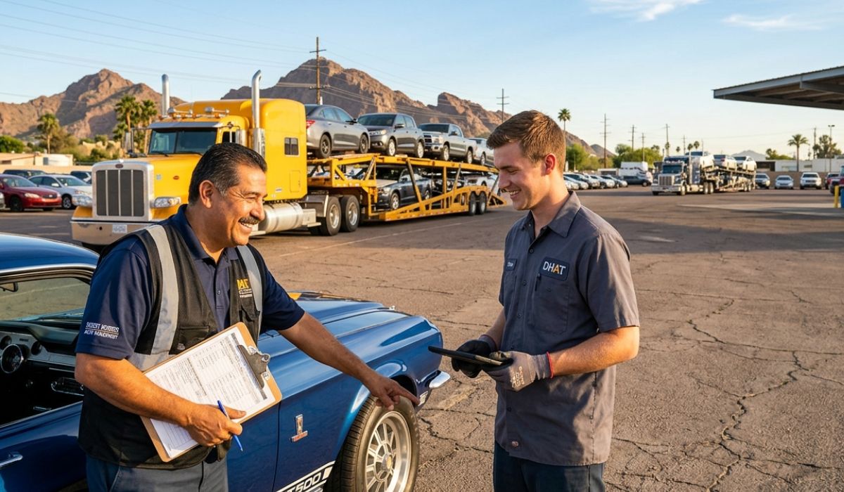 SpeedComd vehicle pickup in Florida for North Dakota car shipping with inspection and loading process at residential location