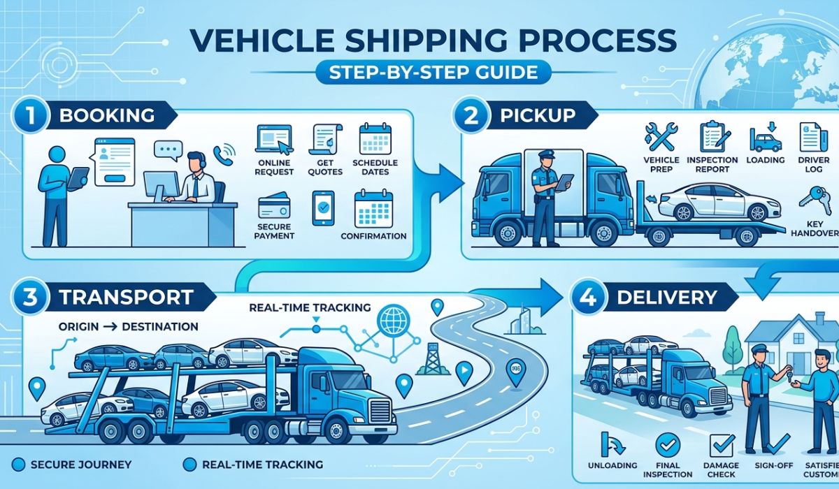 Step by step Alabama to Colorado car shipping process showing quote booking pickup and vehicle delivery by SpeedComd