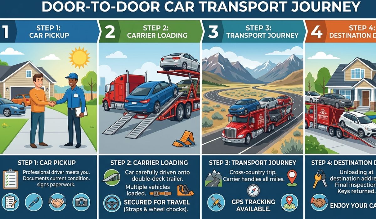 Step-by-step car shipping process illustration from booking to delivery