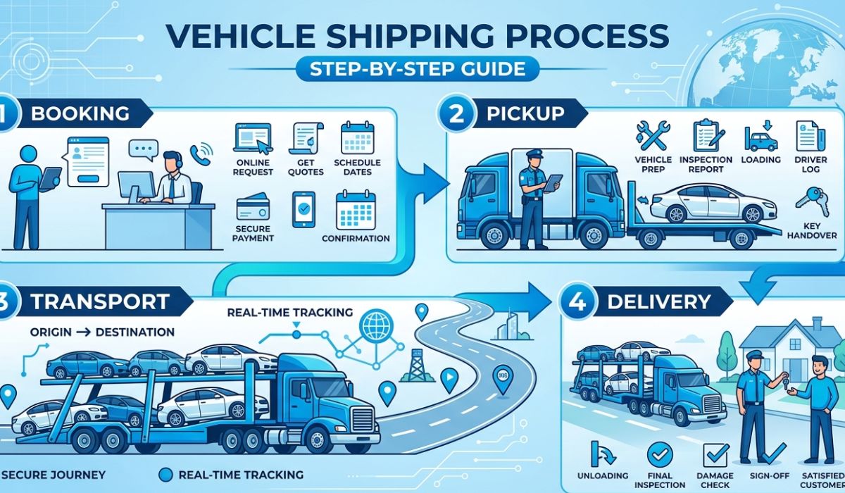 Step-by-step Washington car shipping process showing vehicle pickup inspection loading and secure delivery by professional transport carriers