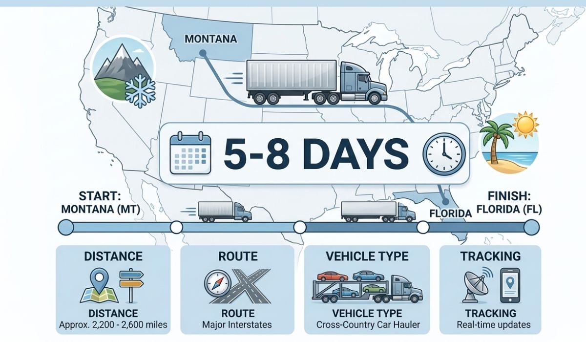 Transit time map showing 5 to 8 days car shipping from Georgia to California route