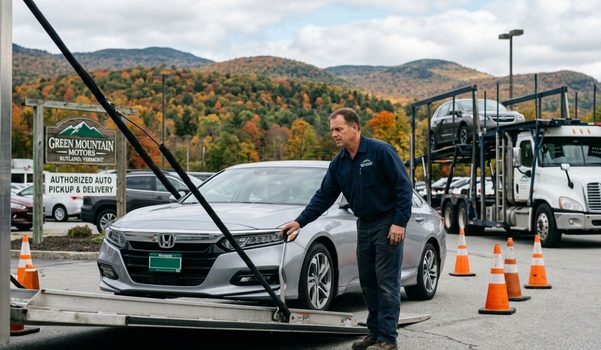 Vehicle being loaded onto auto transport carrier for Vermont to California car shipping service.